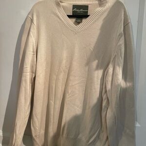 Eddie Bauer Cream V-Neck Sweater Soft Knit Classic